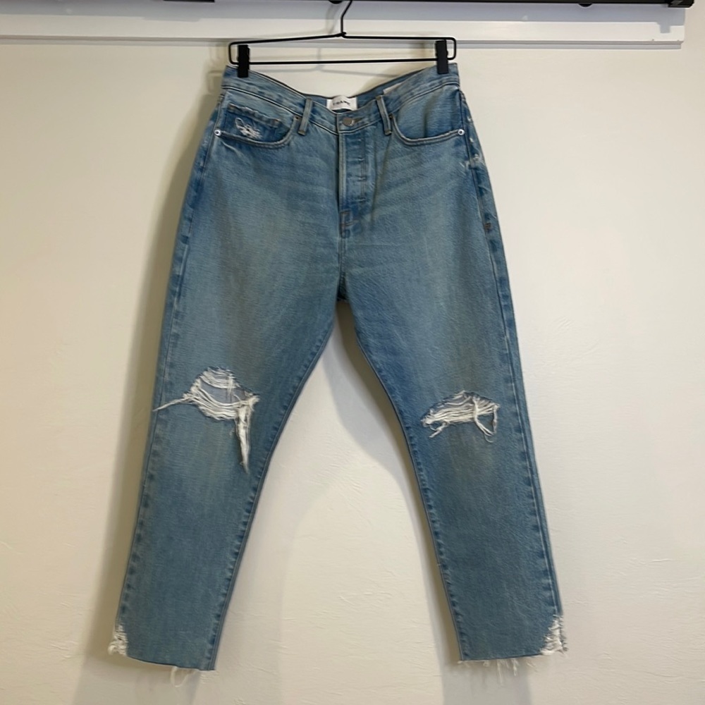 Frame Le Original High Rise Straight Fit Button Fly Distressed Jean - Picture 4 of 11